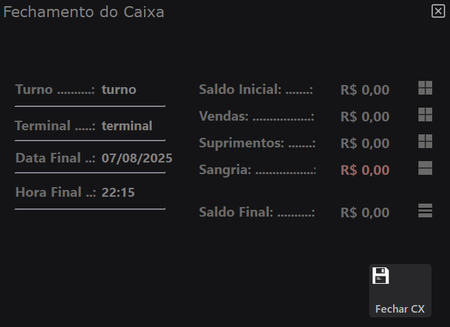 Tela de Fechamento do Caixa